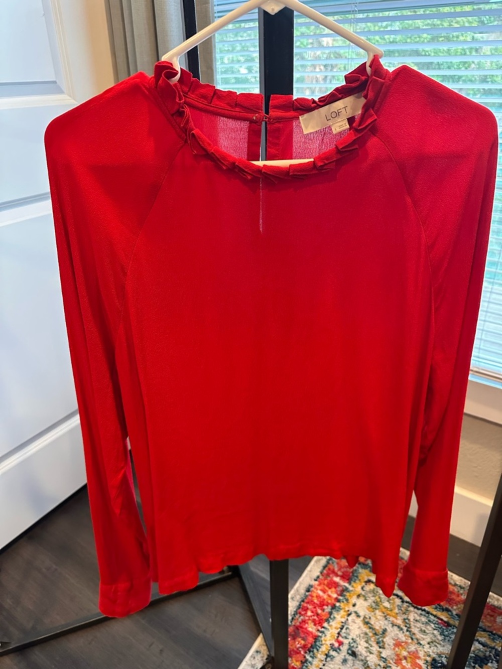 LOFT Red Long-Sleeve Ruffle Crewneck Top